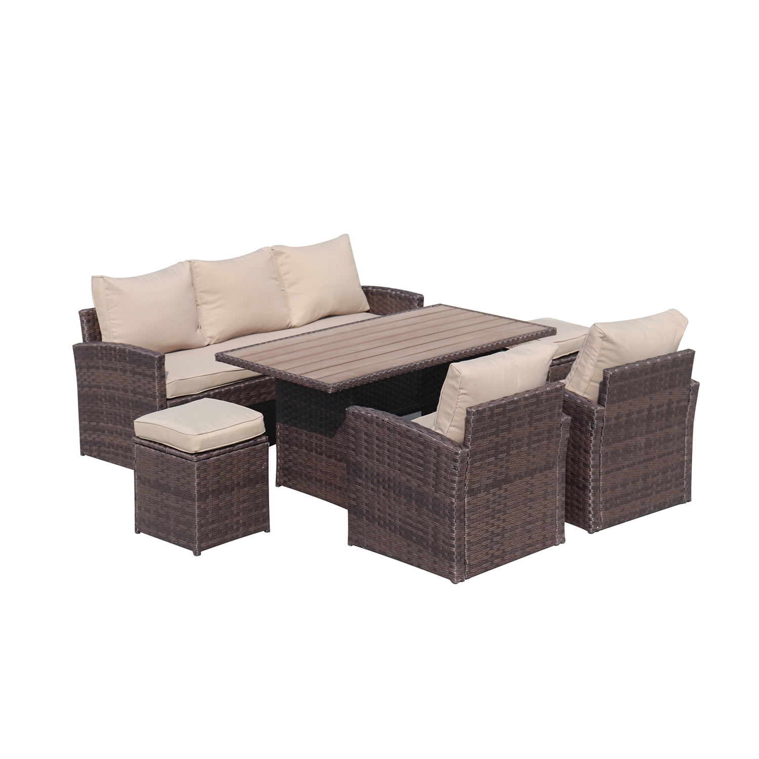 Kepooman 6-Piece Outdoor PE Rattan Sofa Set, Patio Garden Wicker Dining and Coffee Sofa - Dark Brown Kepooman 6-Piece Outdoor PE Rattan Sofa Set, Patio Garden Wicker Dining and Coffee Sofa - Dark Brown