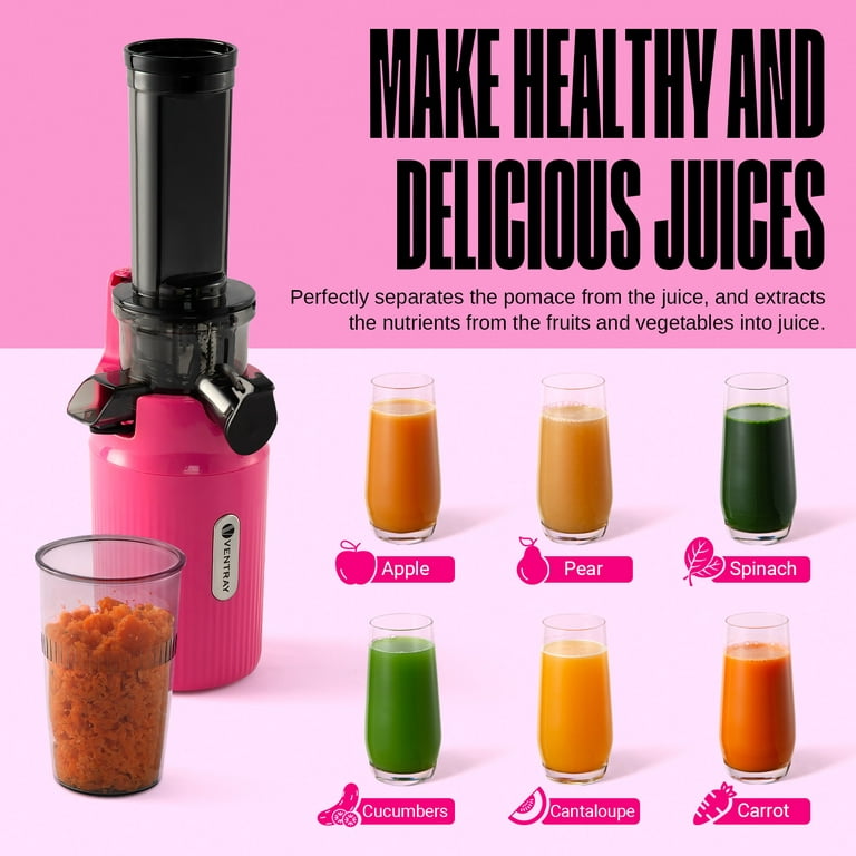 Ventray Essential Ginnie Juicer, Compact Small Cold Press Juicer,  Masticating Slow Juicer with 60RPM Low Speed, Easy to Clean & Nutrient  Dense, Eco-Friendly Packaging, Vibrant Pink 