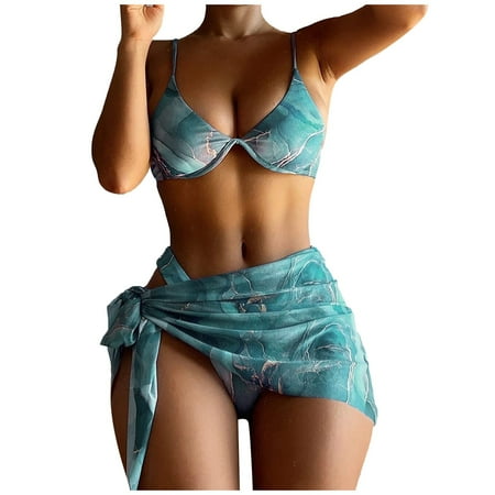 YOTMKGDO Tankini Swimsuits For Women  Women Fashion Strap Wrap Pad High Waist Prints Bikini Set Swimsuit Thong Swimwear Three Pieces   3 Piece Swimsuits For Women Mint Green+XL