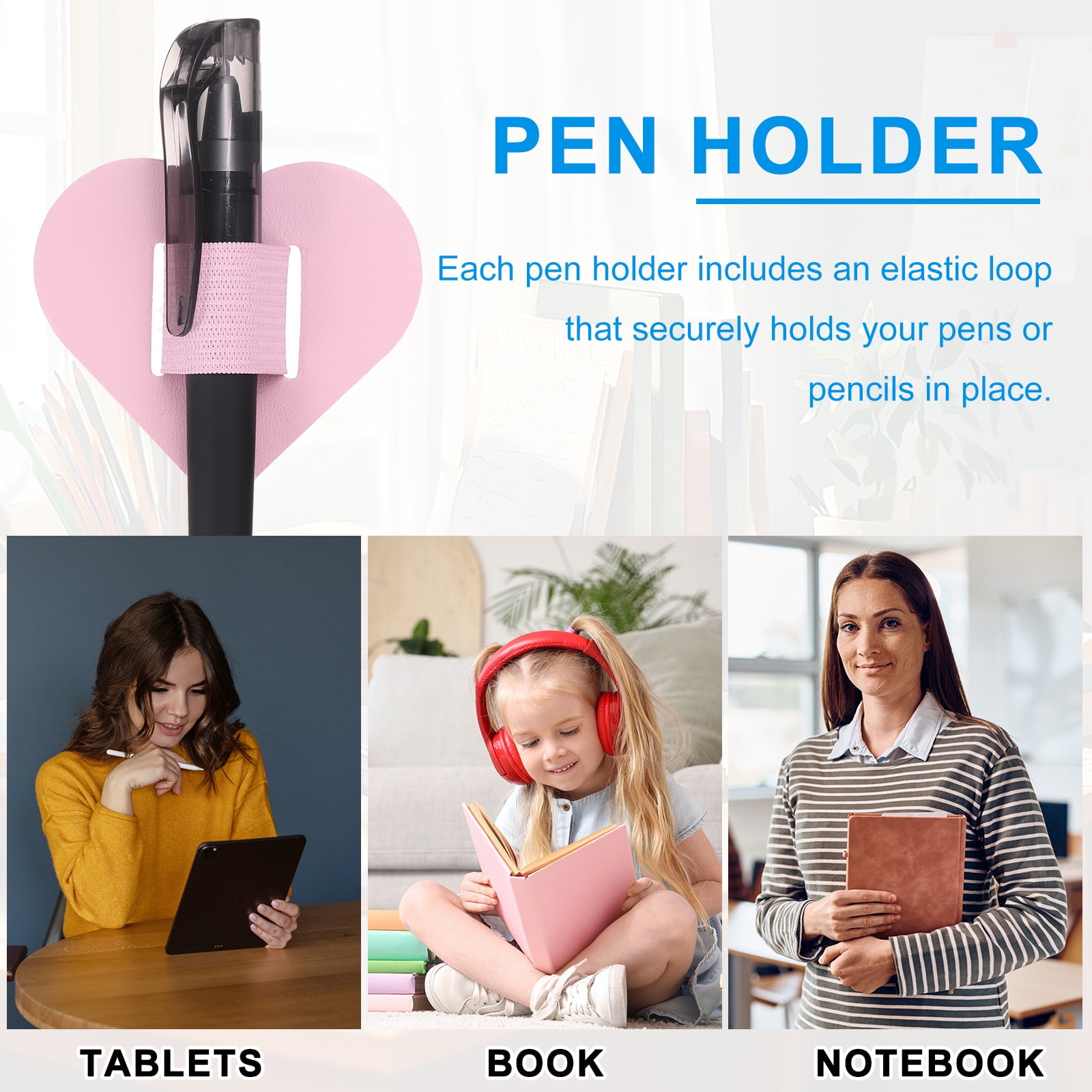 Unique Bargains Heart Pen Loop Holder Self Adhesive Pen Holder for Notebooks Pink
