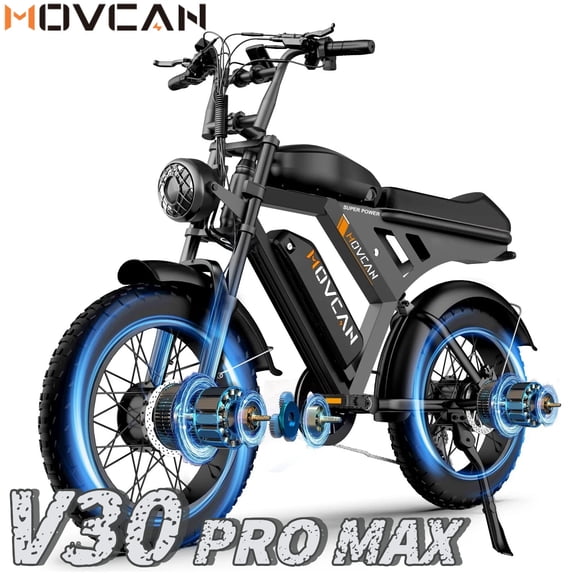 Movcan V30 PRO MAX 3000W (Peak) Dual Motor Dual Battery All Terrain Off-road Bicycles, 20" Fat Tire Electric Motorcycle Bike, Hydraulic Brakes 7-Speed Full Suspension UL2849