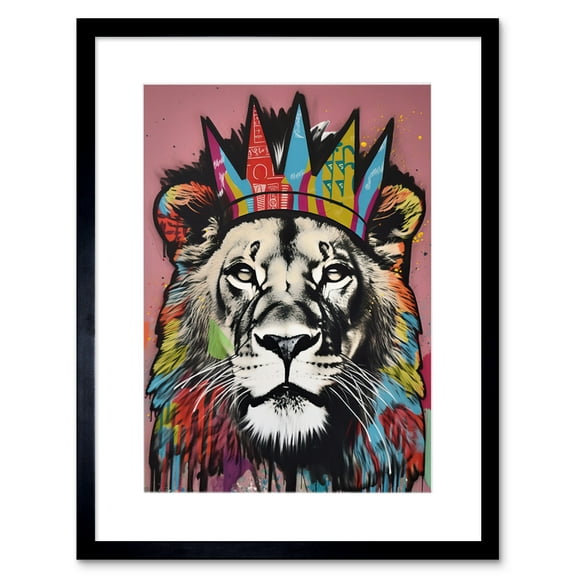 Lion with Crown King of the Jungle Modern Pop Art Artwork Framed Wall Art Print 9X7 Inch