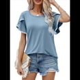 thumbnail image 2 of Blusas Verano para Mujer con Mangas Pétalos, Camisetas Encaje Crochet con Cuello Redondo, Camisetas Casuales Holgadas Color Sólido, Camisetas Básicas Tipo Túnica. Azul Gris S, 2 of 10