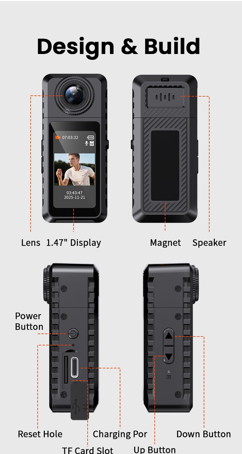 Thumb Action Camera,1080P Pocket Video Recorder with 180° Rotating Lens,Thumb Size Wearable Body Camera with Screen,Portable Camera for Outdoor,Cycling, Vlog, Travel