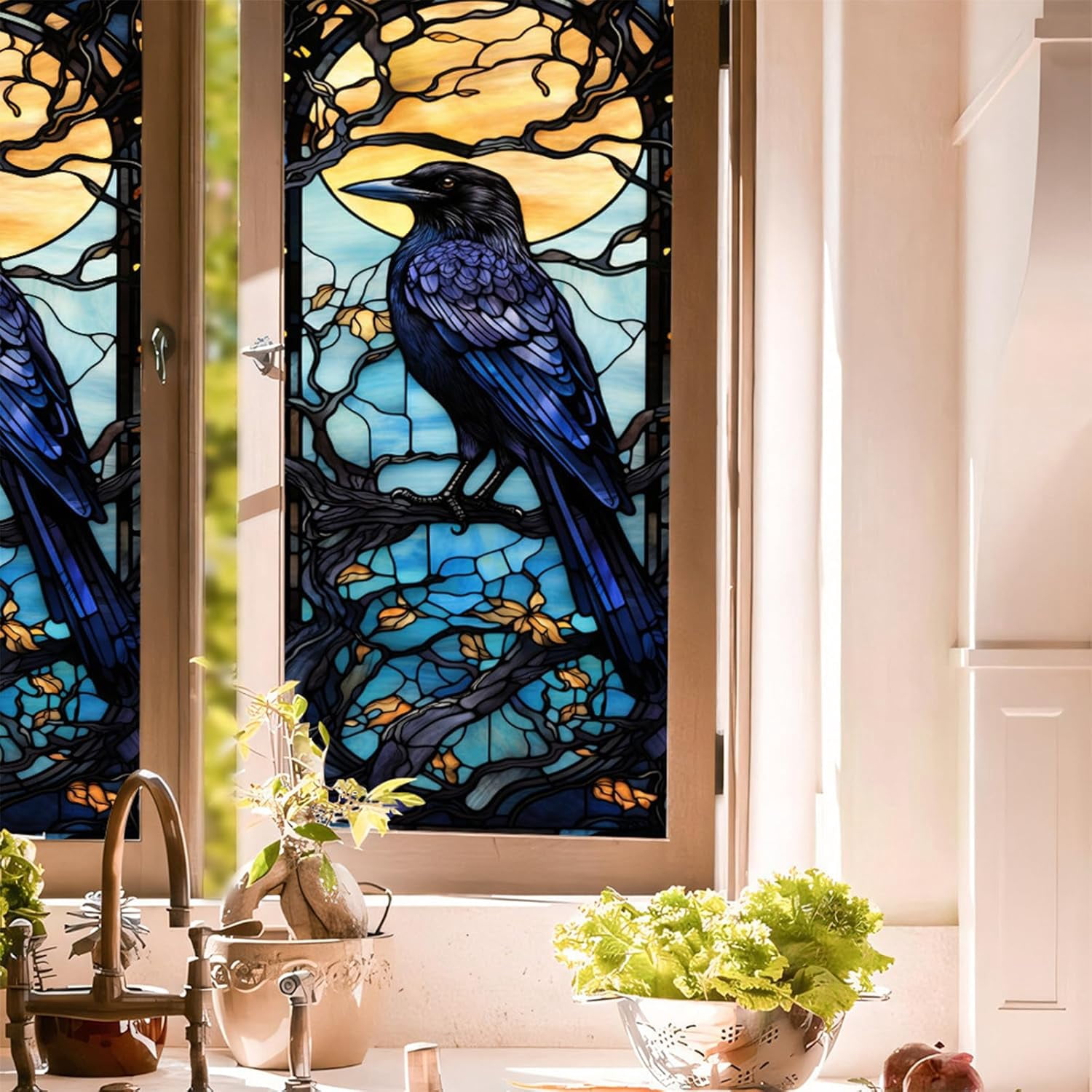 MKEUDQ-Window Privacy Film Crow Stained Glass Window Film Frosted Glass Cling Privacy Film Heat Blocking Static Cling Day and Night Home Door 17.7"x39.5"