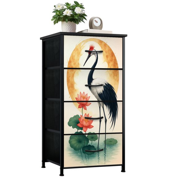 Dresser for Bedroom with 4 Storage Drawers Elegant Crane Standing Amidst Lotus Flowers Golden Moon Dressers Chest of Drawers Steel Framed Fabric Closet Organizers for Entryway
