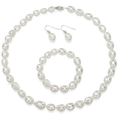 10-11mm Baroque Freshwater Pearl Necklace with Sterling Silver Clasp, Bracelet and Earring Set