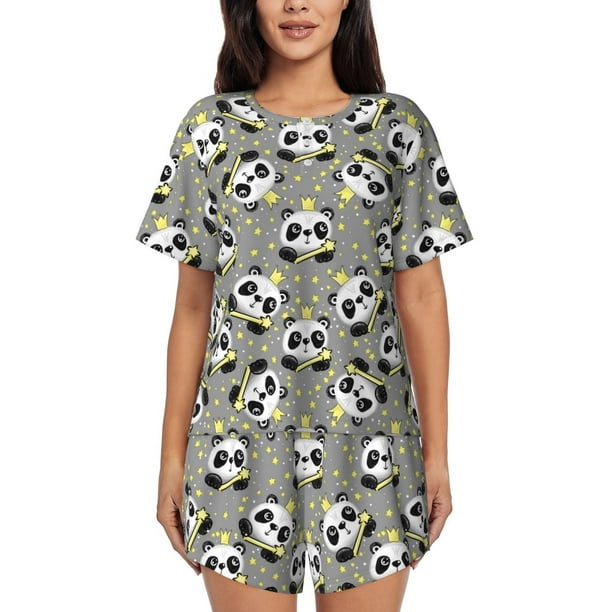 Fotbe Panda With Crown And Stars Conjunto de Pijama Estampado para Mujer, 2 Piezas, Ropa de Dormir con Camiseta de Manga Corta y Shorts Suaves-Small