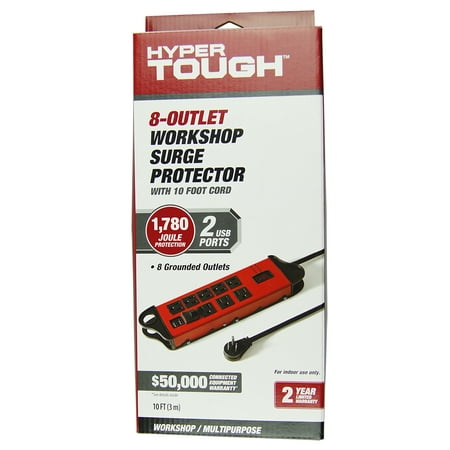 Hyper Tough 8-Outlet 10ft Metal Surge 1780-Joule Protection with 2 Usb  Red