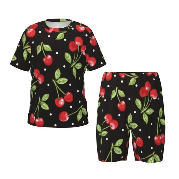 Fotbe Sweet Red Cherry Pijama Estampada de 2 Piezas para Niños – Ropa de Dormir de Manga Corta Cómoda para Niños y Niñas, Camiseta y Shorts de Algodón-XX-Large