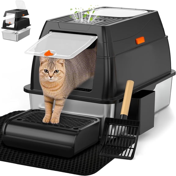 Stainless Steel Litter Box with Lid, XL Front Entry Enclosed Extra Large Litter Box for Big Cats & Kitty, Top Exit Metal Cat Pan with Scoop, Mat, Footboard, Charcoal Filter (Black)