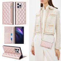 ELEHOLD for iPhone 13 Pro Max Wallet Case,Card Slot Zipper Purse Adjustable Crossbody Strap Stand Function Leather Wallet Case for iPhone 13 Pro Max 6.7 inch, Rosegold