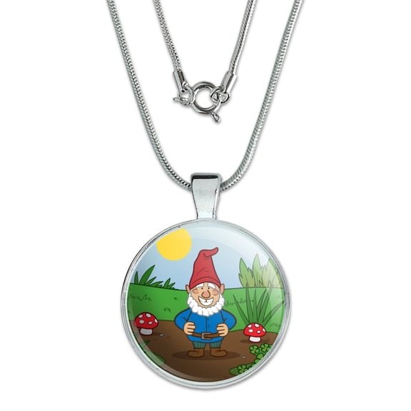 Garden Gnome with Toadstools 1" Pendant with Sterling Silver Plated Chain