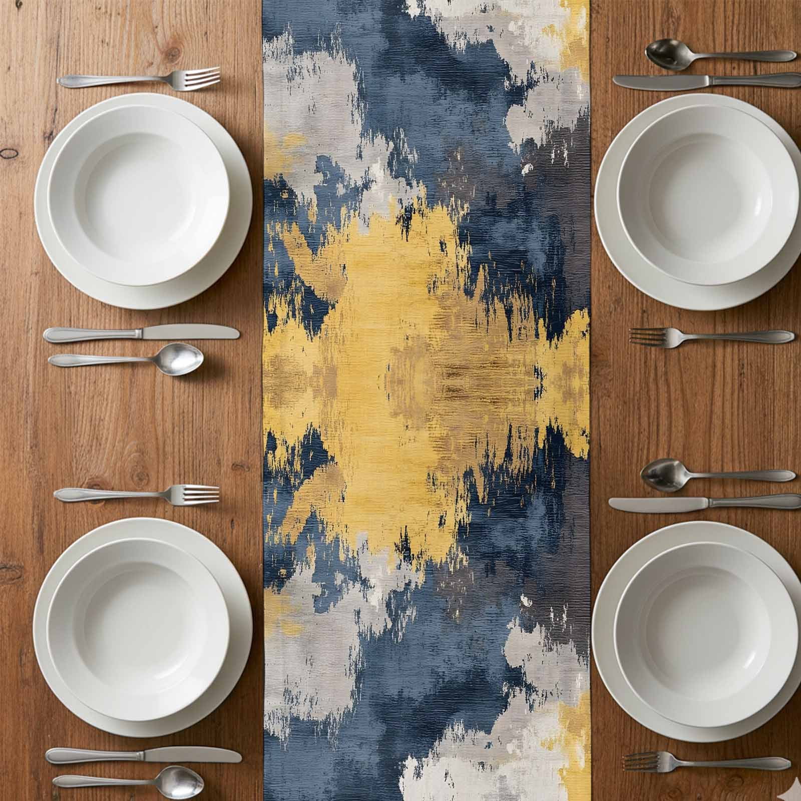 Abstract Art Table Runner 13x120 inch Watercolor Blue Yellow Blending Cotton Linen Dining Table Runner Ideal for Dresser Kitchen Coffee Tables - Machine Washable