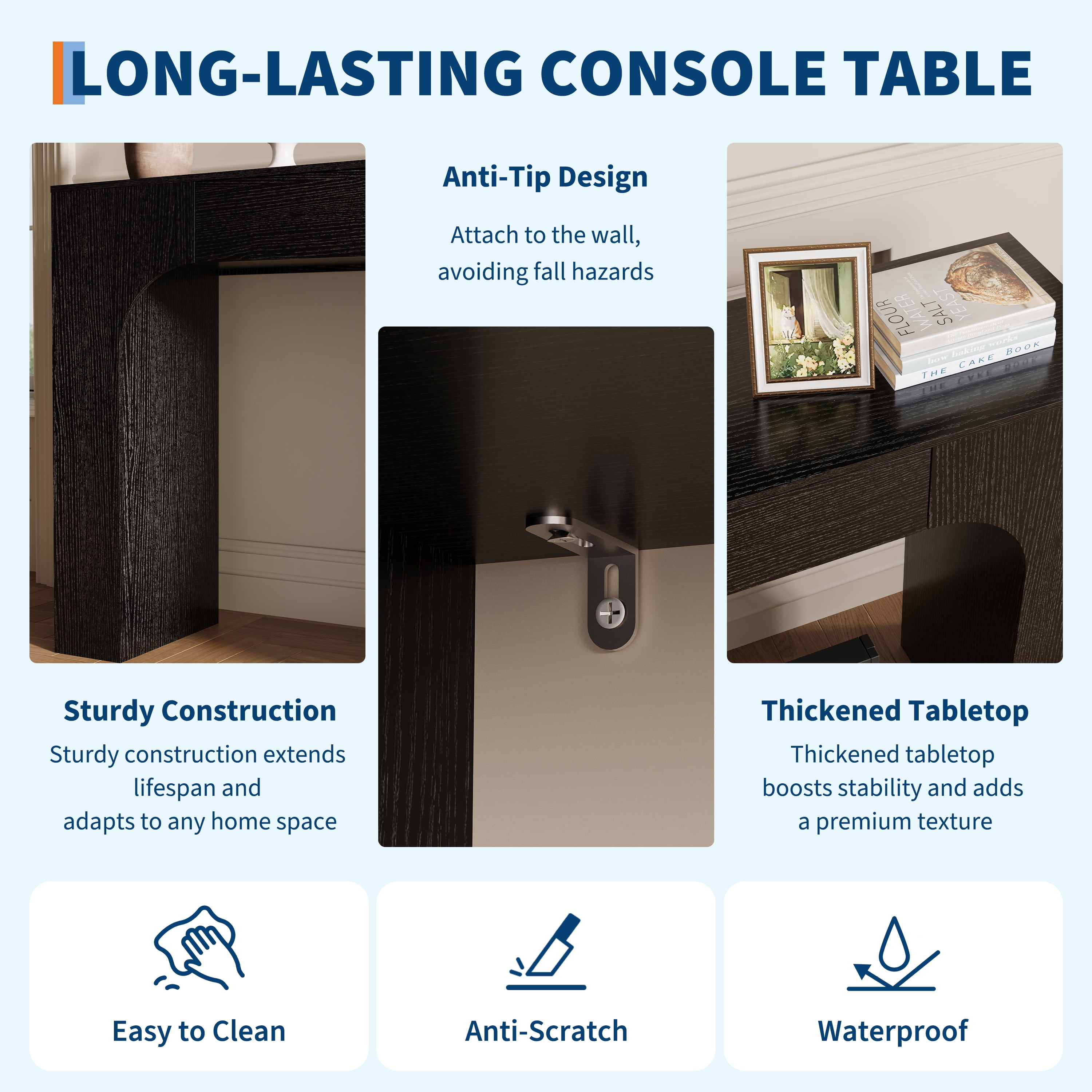 47" Long Console Table with Drawer, Narrow Entryway Table with Anti-Tipping Kit, Farmhouse Walnut Sofa Table for Hallway, Living Room, TV Stand, Black Embossed