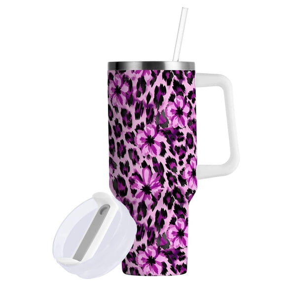 Yayeee 40oz Stainless Steel Tumbler with Straw and Handle Double-Wall Insulated Travel Water Bottle, Purple Floral Leopard Pattern