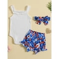 thumbnail image 3 of Wassery 4th of July Baby Girls Summer Outfit Sets 3 6 12 18 Months Infant Girl Independence Day Clothes Sleeveless Rib Knitted Romper+Floral/Rainbow Print Shorts + Headband 0-18M, 3 of 8