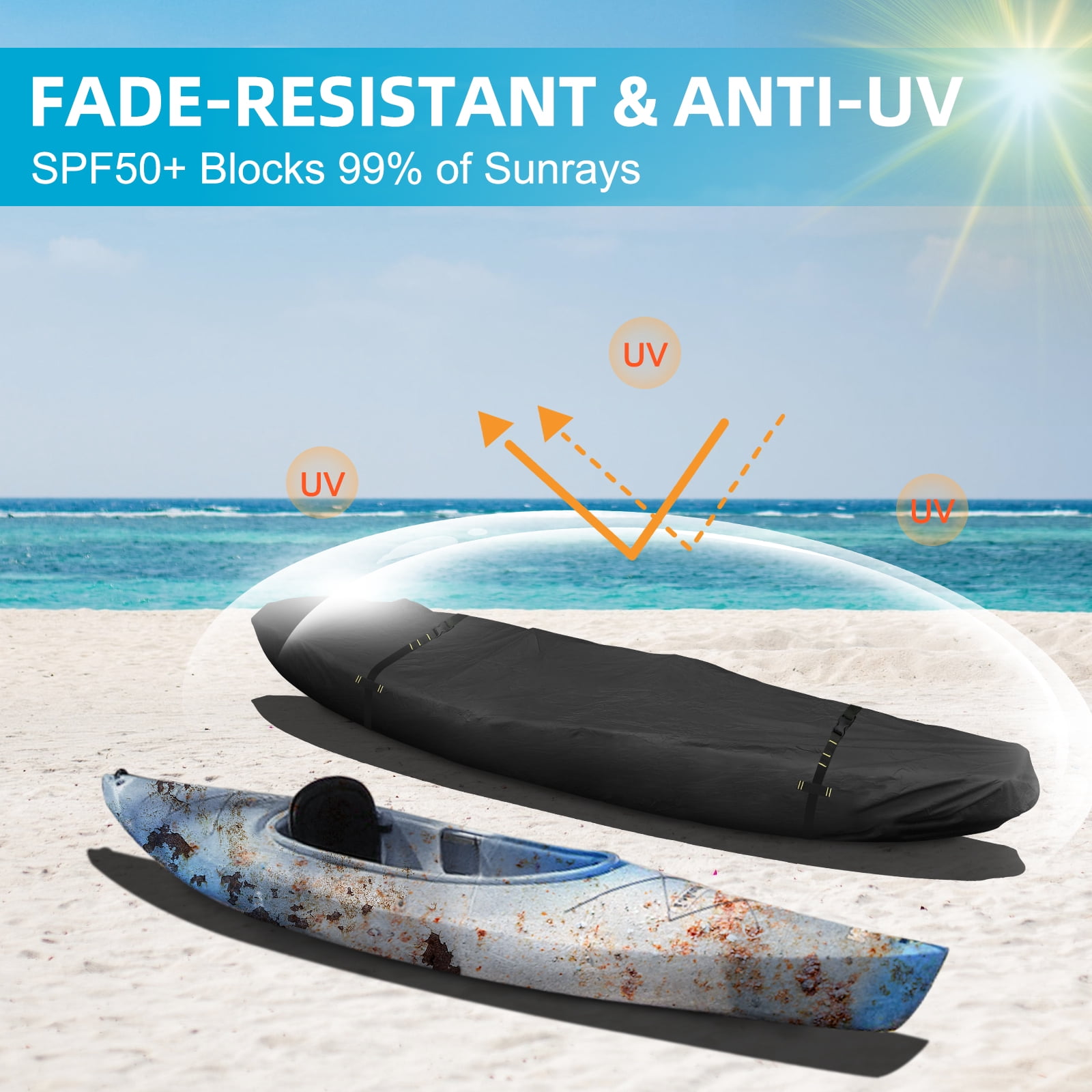 Seapisode 600D Kayak Cover,Heavy Duty Tear Resistant Canoe Cover, Waterproof & UV-Proof Trailerable Kayak Covers for Outdoor and Indoor Storage(Fits 9.3-10.5ft）Black