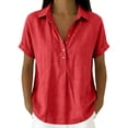 thumbnail image 3 of Duoif Women Lapel Collar Cotton Linen Top Short Sleeve High Low Hem Casual Blouse Summer 2026 Lightweight Breathable Loose Fit Daily Wear Vacation, Watermelon red, XL, 3 of 8