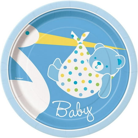 7" Blue Stork Baby Shower Plates, 8ct
