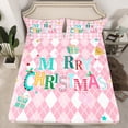 thumbnail image 2 of Homewish Girls Christmas Gifts Twin Sheet Sets,Merry Xmas Twin Fitted Sheet,Pink White Rhombus Flat Sheet For Girl,Microfiber Bedroom Decor,3-Piece, 2 of 7