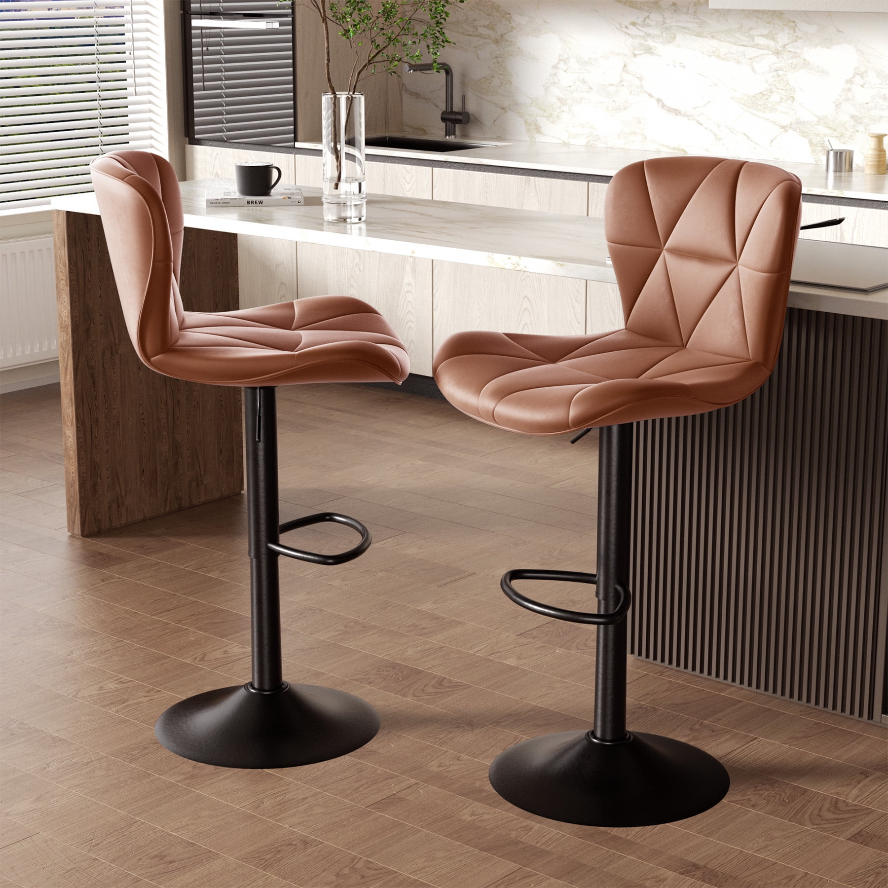 Hawsaiy Modern Bar Stools Set of 4, Adjustable Faux Leather Upholstered Swivel Bar Stools, Counter Height Bar Chairs with Back for Kitchen Island, Brown