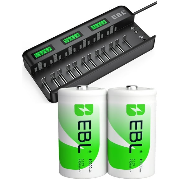 12 2 Bay Battery Charger with NiMh D Cell Rechargeable Batteries, 2 Pack
