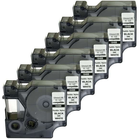 NEOUZA 18488 Compatible for DYMO Rhino Industrial IND Flexible Nylon Black on White Label Tape 12mm 1/2" (6 Packs)