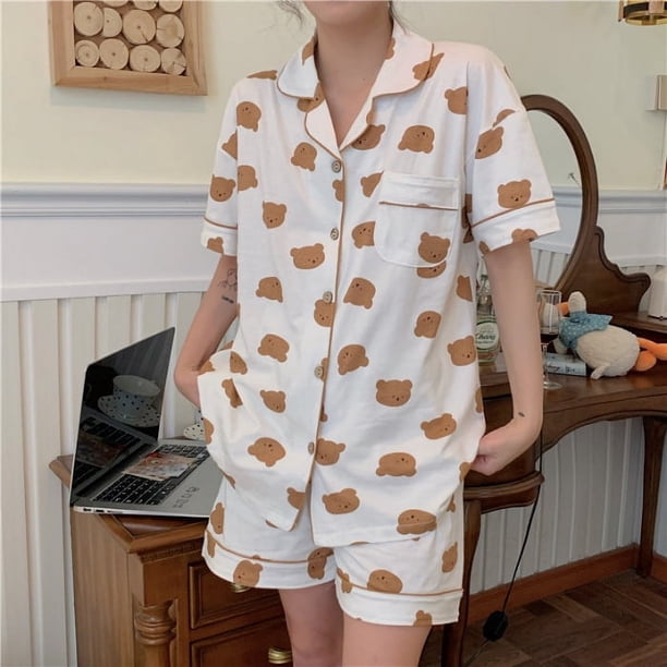 Pijama de verano de manga corta para mujer, suelto y lindo para niña, el cárdigan Love se puede usar al aire libre, conjunto de dos piezas de verano