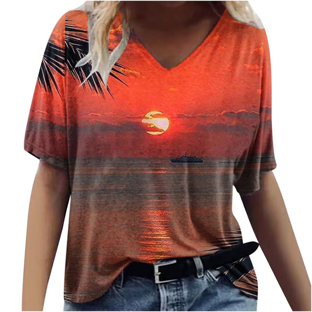 Birdeem T-Shirt Décontracté à Col en V pour Femmes Printemps et Été, Manches Courtes Imprimées