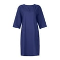 thumbnail image 4 of Vestido de Media manga SCZ con cuello en V de lino de algodón color sólido retro Verano para Mujer talla 3XL azul oscuro, 4 of 5