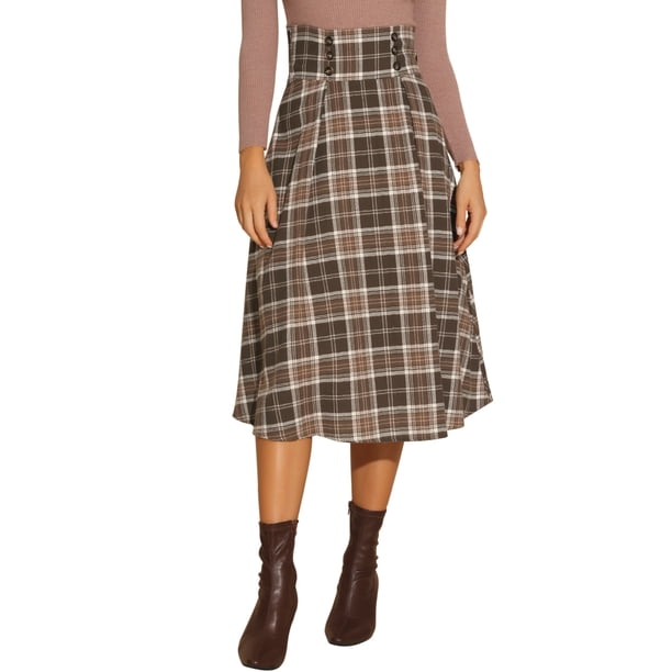 Cintura alta elástica a cuadros para mujer Vintage Oto?o Invierno A-Line Midi Falda marrón XL