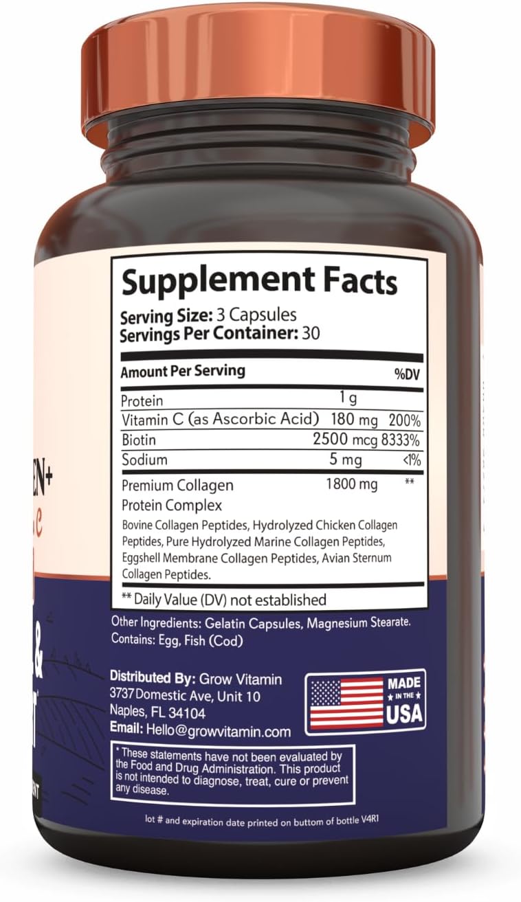 Grow Vitamin Collagen Supplements for Skin Elasticity, Hydration & Cartilage - 90 Capsules