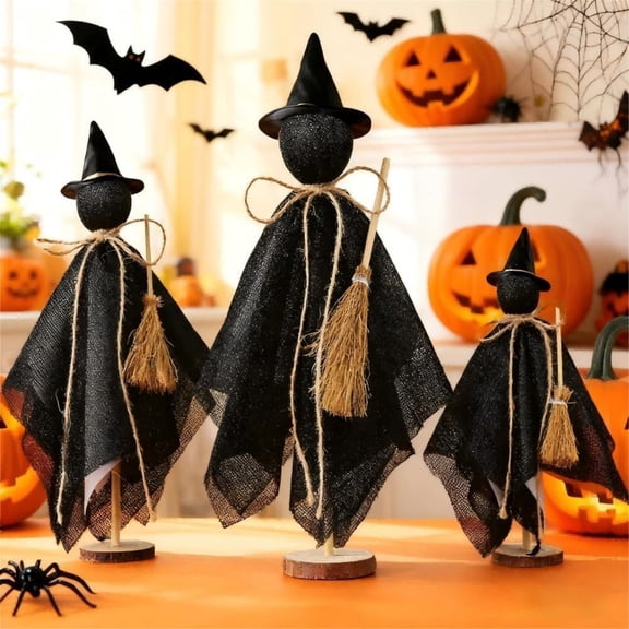 Halloween Decorations Indoor, 3 Set Primitive Halloween Ghosts with Hat, Wooden Stand Ghost Decor for Table Centerpieces, Mantels, Shelves, Vintage Spooky & Festive Party Decor