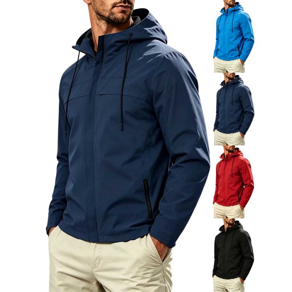 Packable Rain Jacket for Men Waterproof Lightweight Raincoat with Hood,Full Zip Drawstring Outdoor Casual Solid Color Hiking Travel Coat with Zipper Pockets