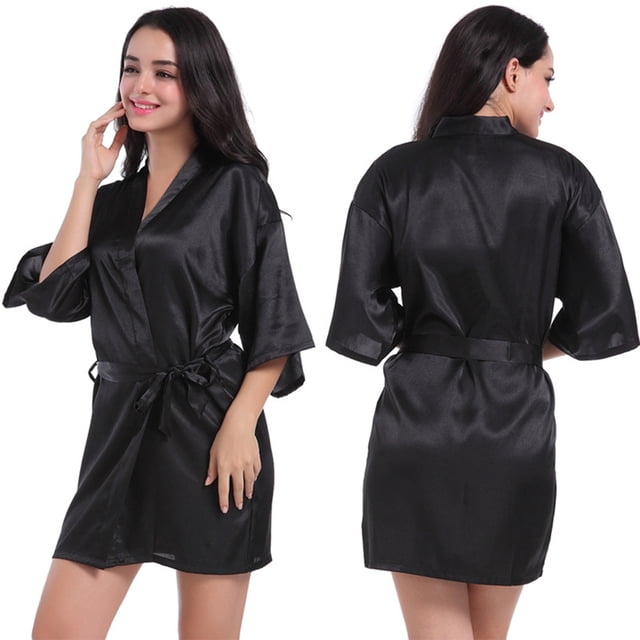 Fjuchai Women's Silk Satin Robes Silky Night-Robe Short Bathrobe Sleepwear Short Robe Solid Color Pjs S-XXL