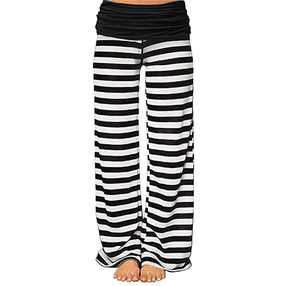 REDARER Womens Striped Palazzo Pants Fold Over Waistband Wide Leg Loose Fit Casual Trousers,M