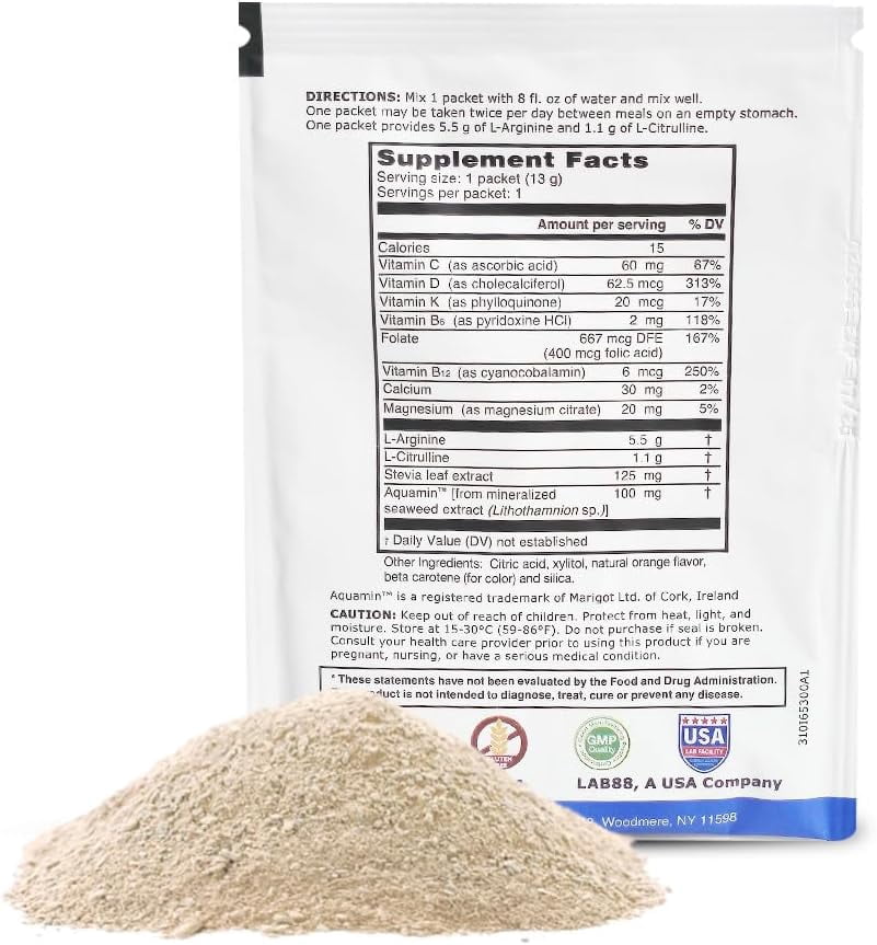 L-Arginine Pro Powder - 5500mg L-Arginine, 1100mg L-Citrulline Cardio Health - Raspberry / Orange, 2 Bags (60 Packets)