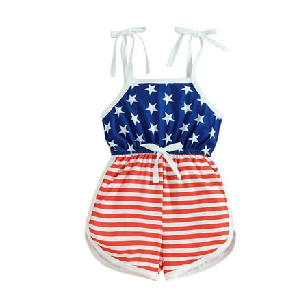 

Inevnen 4th of July Toddler Girl Strap Rompers Star Stripe Print One Piece Jumpsuit Cotton Bodysuit