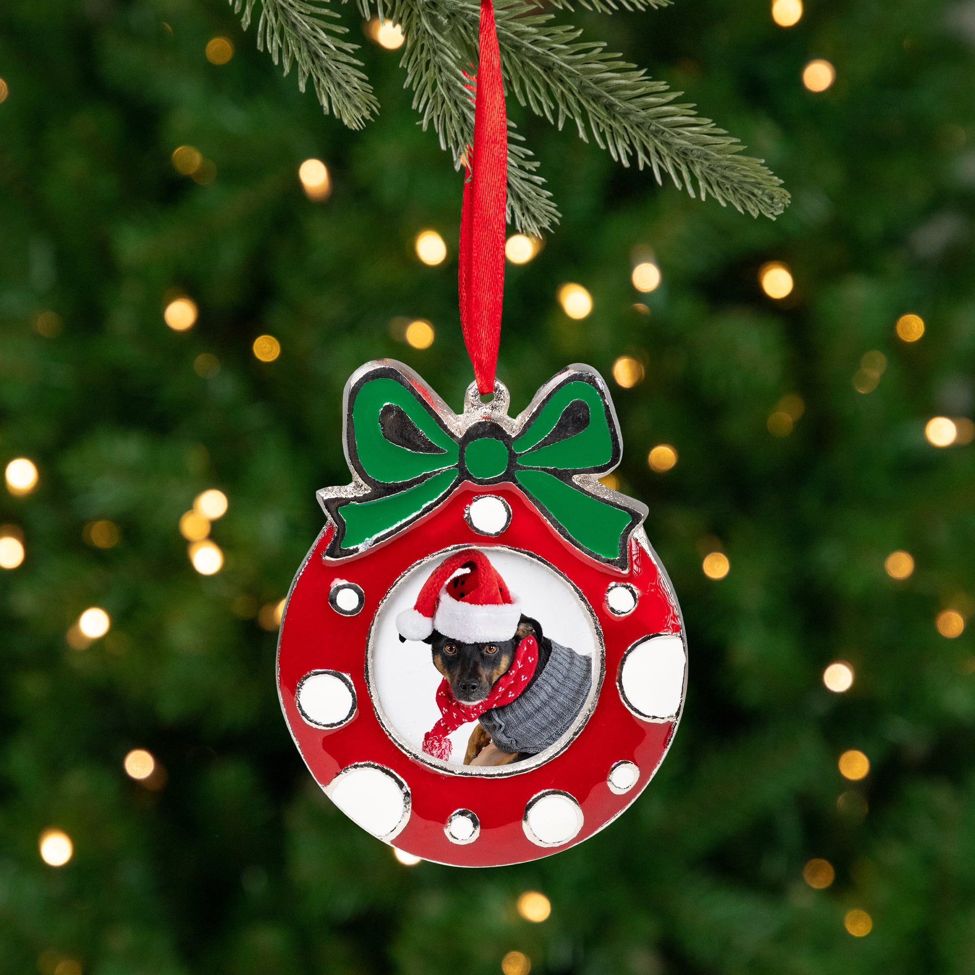 Polka Dot Wreath with Bow Photo Frame Christmas Ornament - 3.5"