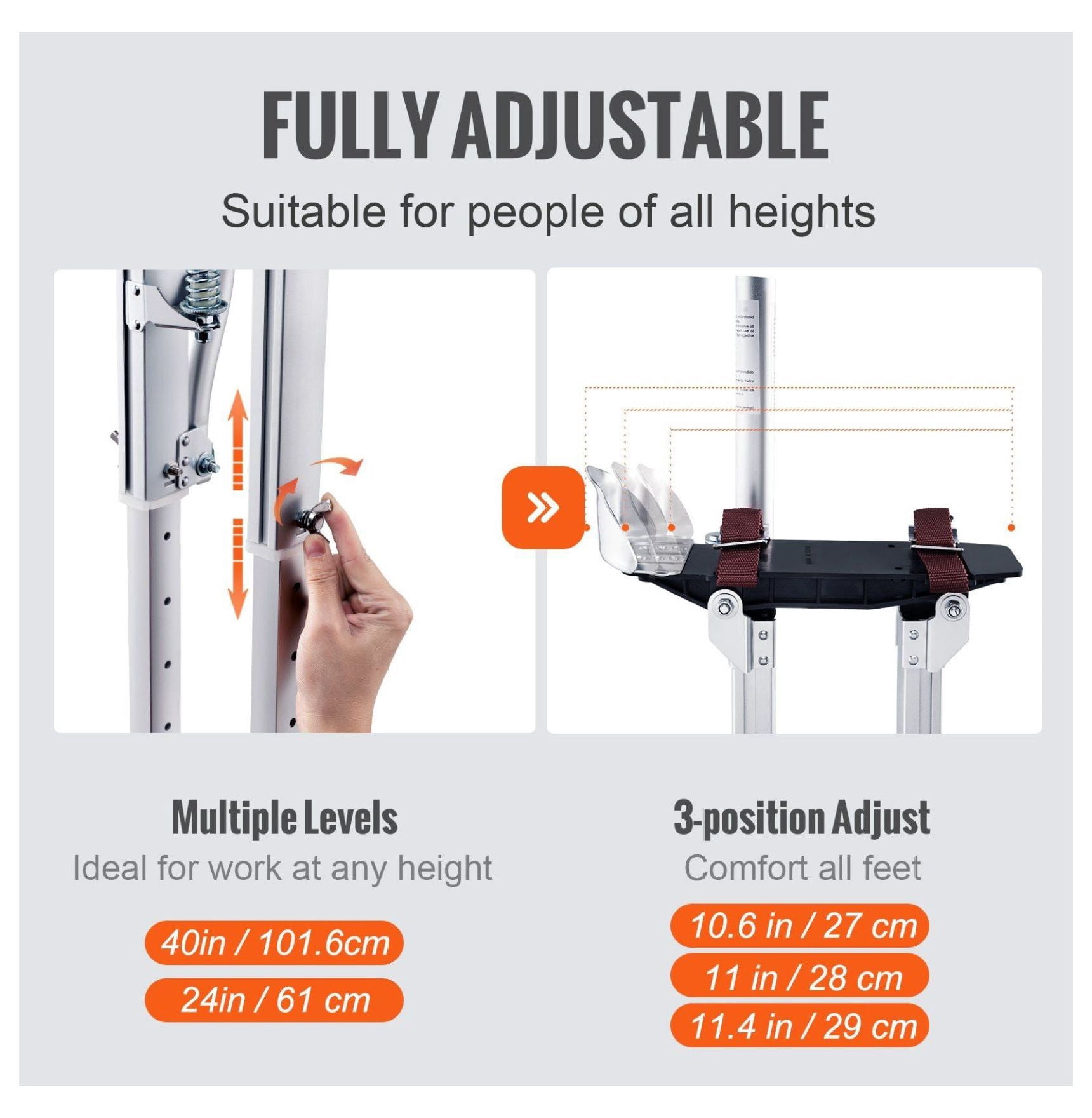 Drywall Stilts 24-40 Inch, Adjustable Aluminum Work Stilts with Knee Pads, Non-Slip Sheetrock Painting & Taping Tools for Walking, Silver