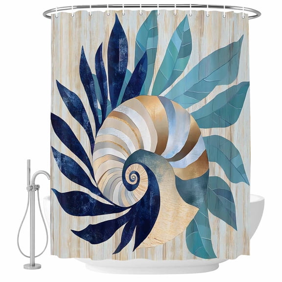 Navy Blue Teal Coastal Shower Curtain Set - Standard 72" x 72" Washable Bathtub Curtain with 12 Hooks, Abstract Art Nautical Ocean Conch Waterproof Fabric Stall Shower Curtains for Bathroom Décor