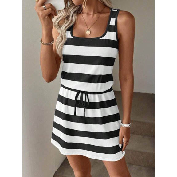 Black And White Striped U-Neck Sleeveless Drawstring Waist Mini Dress For Women