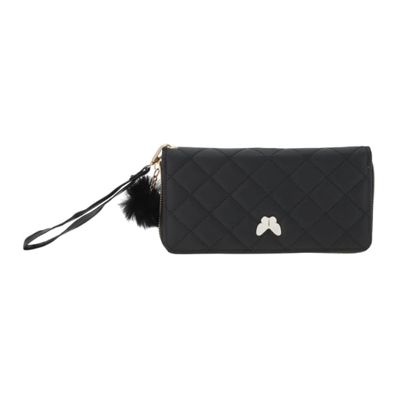 Unique Bargains 1 Pc Coin Purse Wallet Portable Rhombus Check Wristband Plush Pom Zip Coin Purse Pouch Black