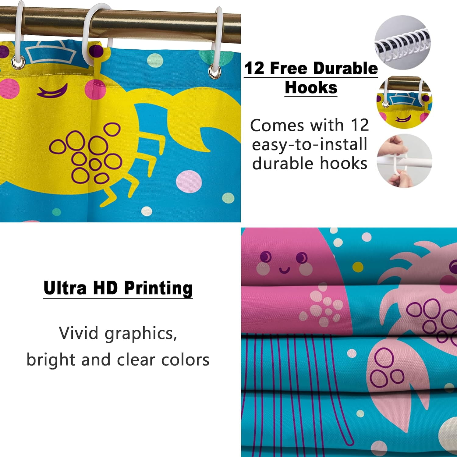4 Pcs Bathroom Shower Curtain Set,Kid's Bathroom Set,Baby Octopus Shower Curtain Sets with Rugs(Bath Mat,U Shape and Toilet Lid Cover Mat) and 12 Hooks