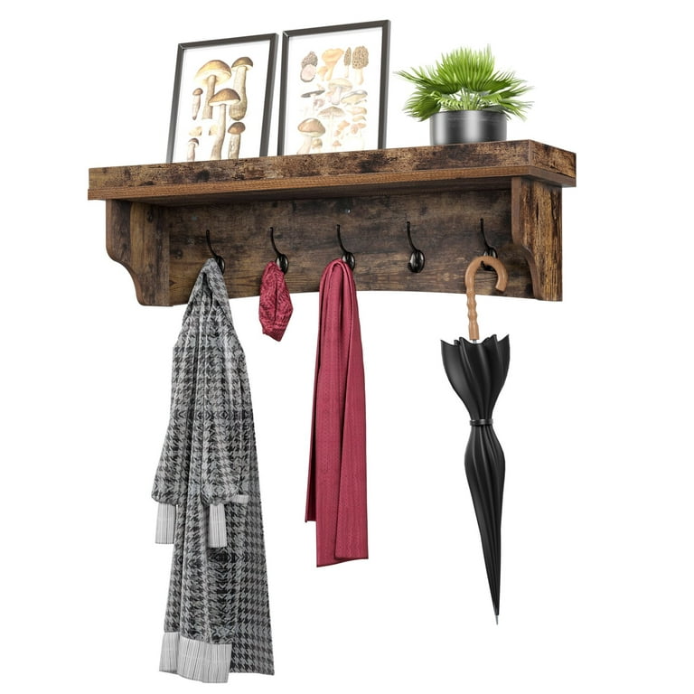 Homfa Wall Mounted Entryway Hanging Shelf, 42.5 Storage Cabinets Coat Rack  With 6 Dual Hooks Wood Display Home Decor Furniture, Rustic Brown 