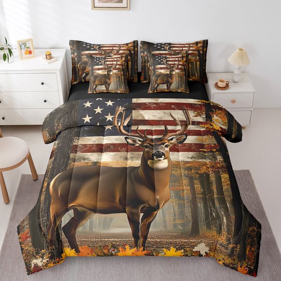 Erosebridal Animal Deer Bedding Sets Twin Size,Botanical Plantss Comforter Sets with Sheets,American Flag Bed in a Bag Twin size,Breathable Vintage Room Decoration,Reversible,7pcs
