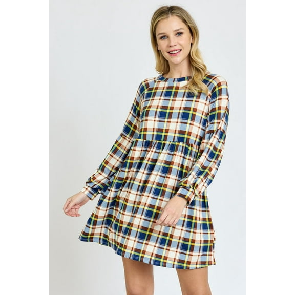 Plaid Raglan Drop Shoulder Bishop Sleeve Dress | 2 Colors | S-3X