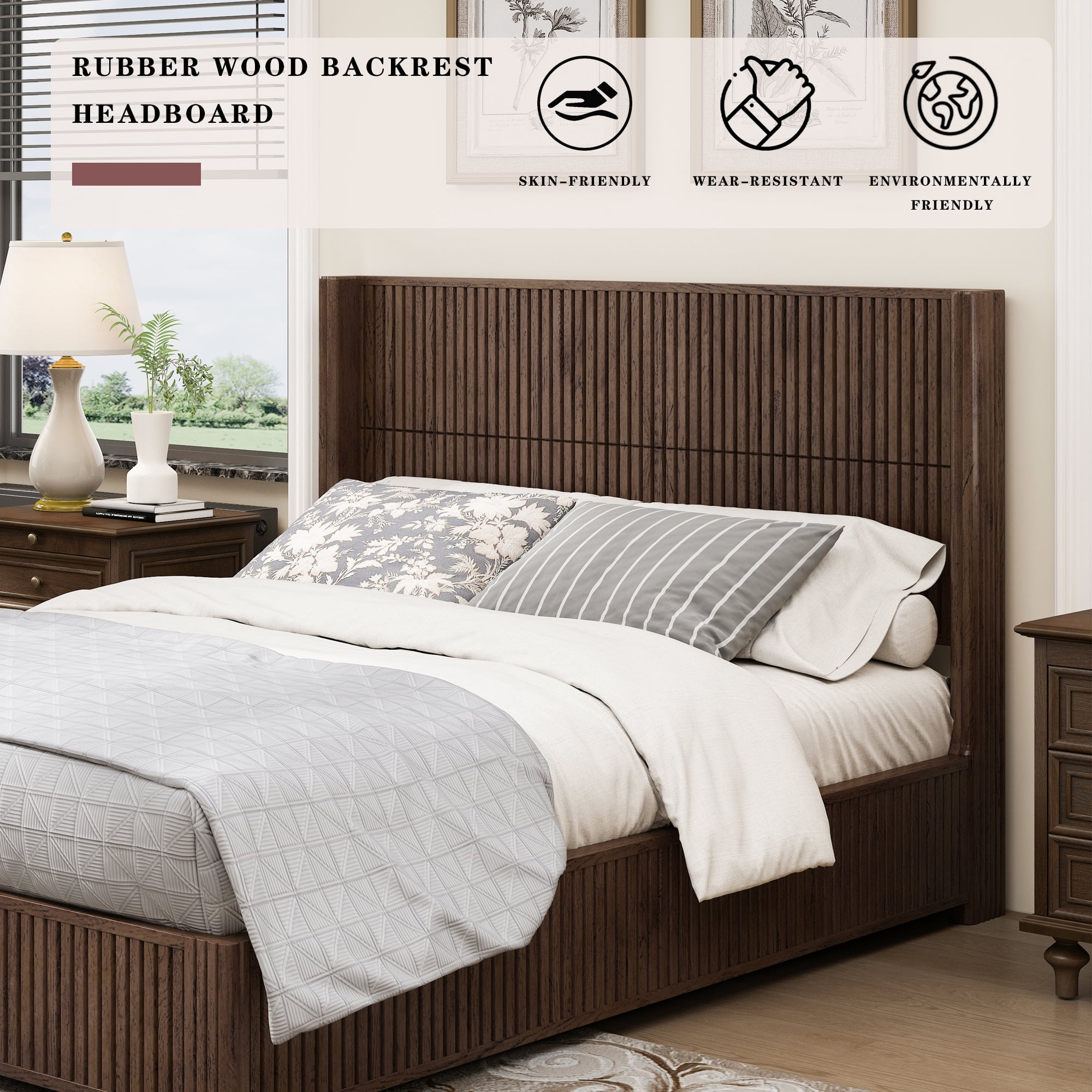 Queen Size Solid Wood Platform Bed Frame with Headboard, No Box Spring Needed, Easy Assembly