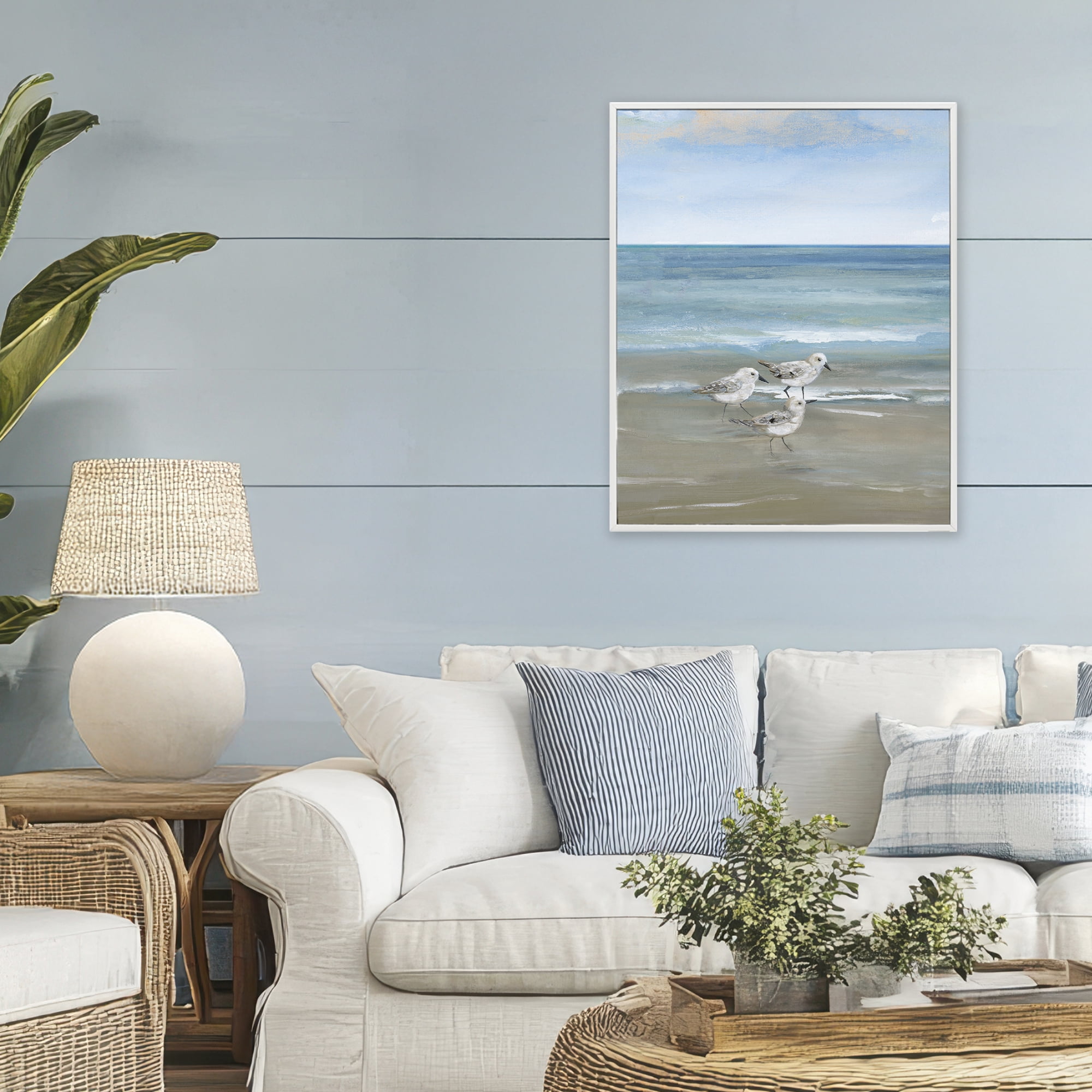 Stupell Industries Three Shorebirds & Gentle Waves White Framed Giclee Art, design by Nan